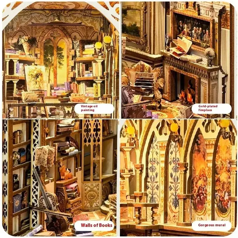 Assembled Book Nook Shelf Insert Miniature Wooden Model Kits Retro Court Bookshelf Handmade Bookend For Friends Birthday Gifts
