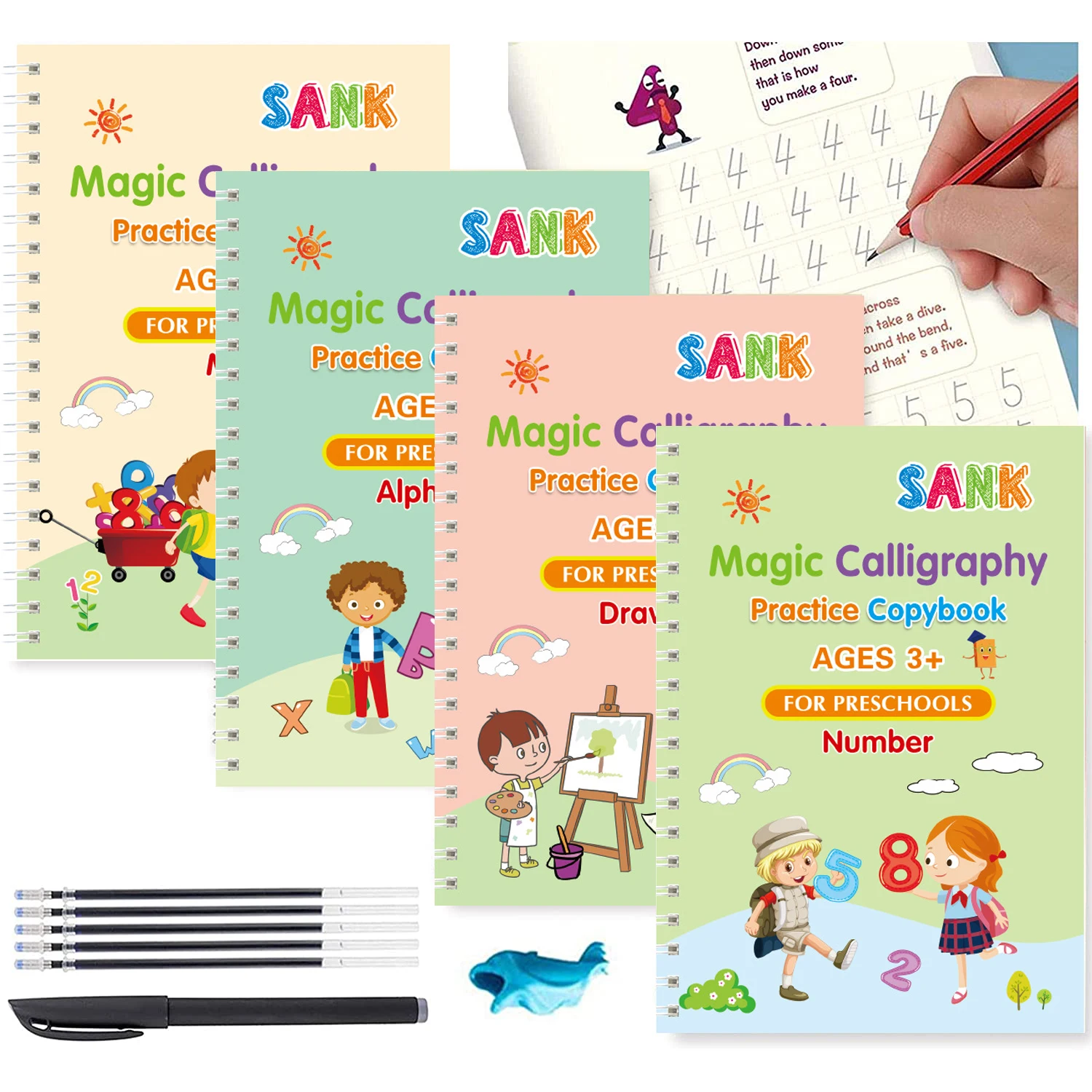 

Magic Practice Copybook Reusable Groove Calligraphy for Children Handwriting Calligraphy Preschool Tracing Book with Pens