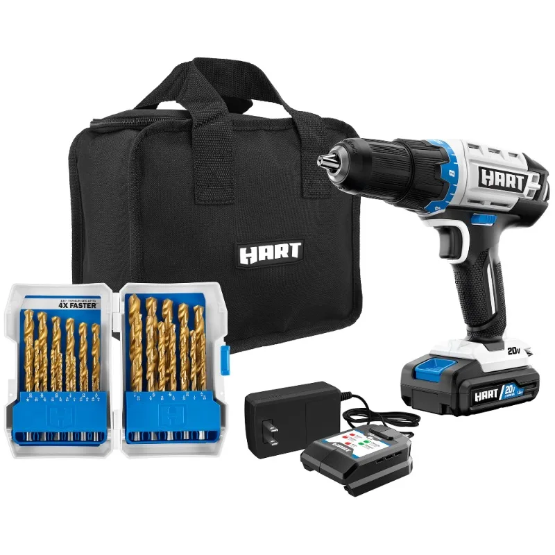 

HART 20-Volt Cordless 1/2-inch Drill Kit with 29-Piece Accessory and 10-inch Storage Bag, (1) 1.5Ah Lithium-Ion Battery