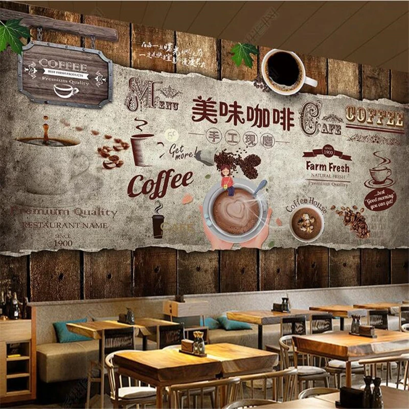 カスタムレトロなノスタルジックな木製ボードカフェ壁紙3dヨーロッパとアメリカの手塗装コーヒーショップの背景壁紙3d 壁紙 Aliexpress