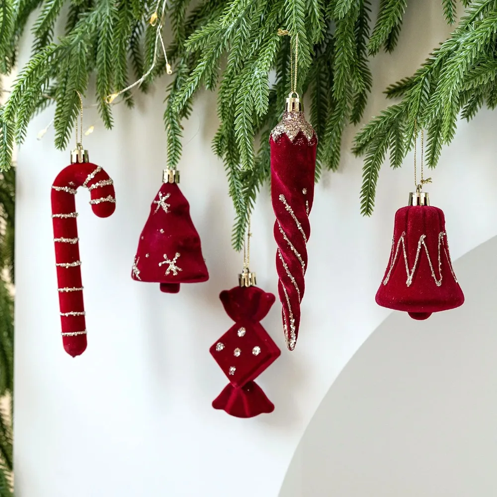 2PCS/Set Velvet Christmas Candy Cane Bell Icicle Ornaments Burgundy Red Xmas Tree Hanging Pendants Christmas Party Home Decor