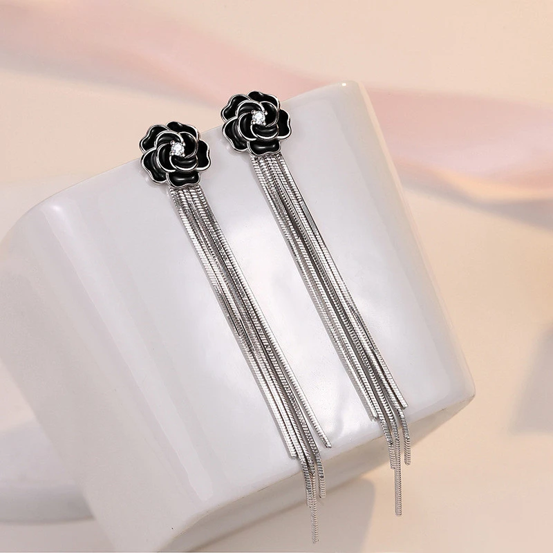 925 Sterling Silver Earrings Black Rose Fringed Long Engagement Jewelry Gift For Women drop earrings dangle earrings