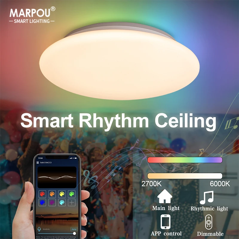 MARPOU Smart Ceiling Lamp RGB Rhythm 28W30W Lustre LED Lights WIFI APP Voice Control with Alexa Light for Living room decoration ceiling lights for hall