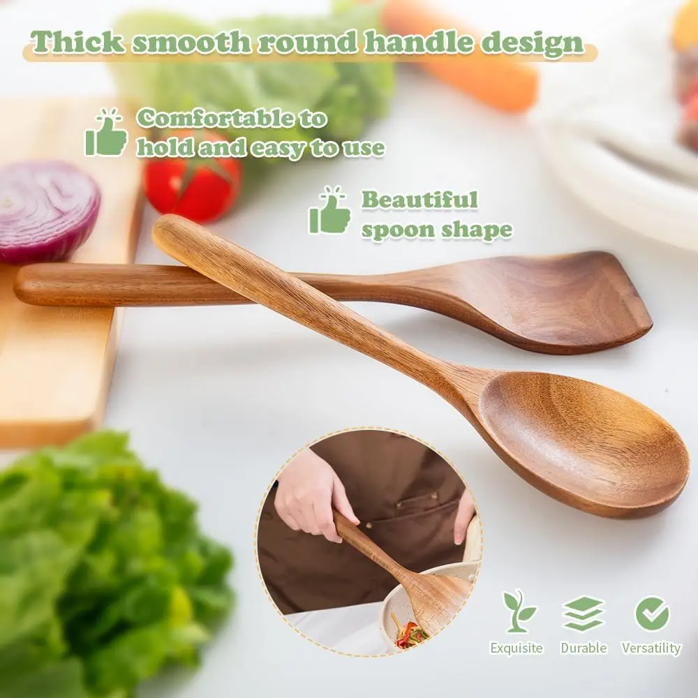 2-Piece Wooden Cooking Spoon Set, Acacia Wood Utensils for Frying, Mixing & Non-Stick Cookware 2