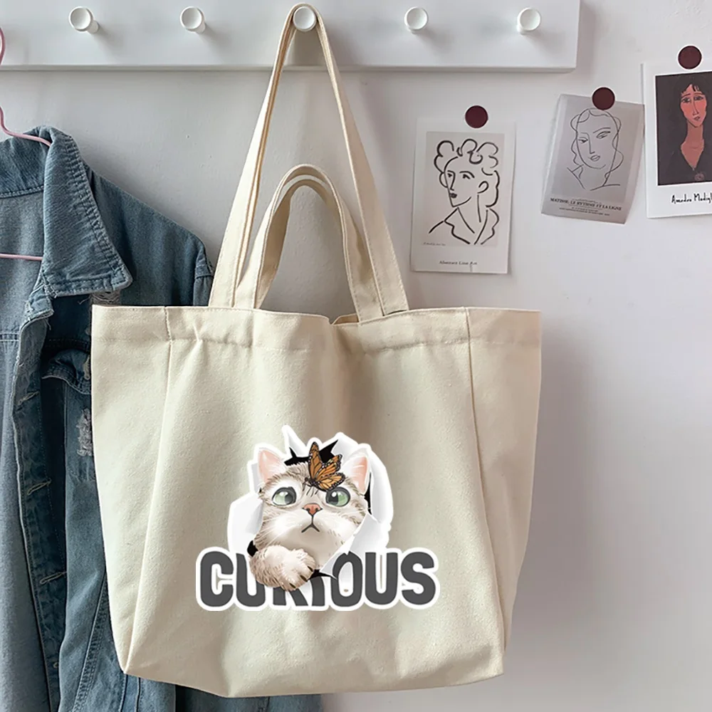 Women Canvas Shoulder Bag Cat Print Ladies Casual Handbag Tote Bag Reusable Large Capacity Eco-Friendly Shopping Beach Bag