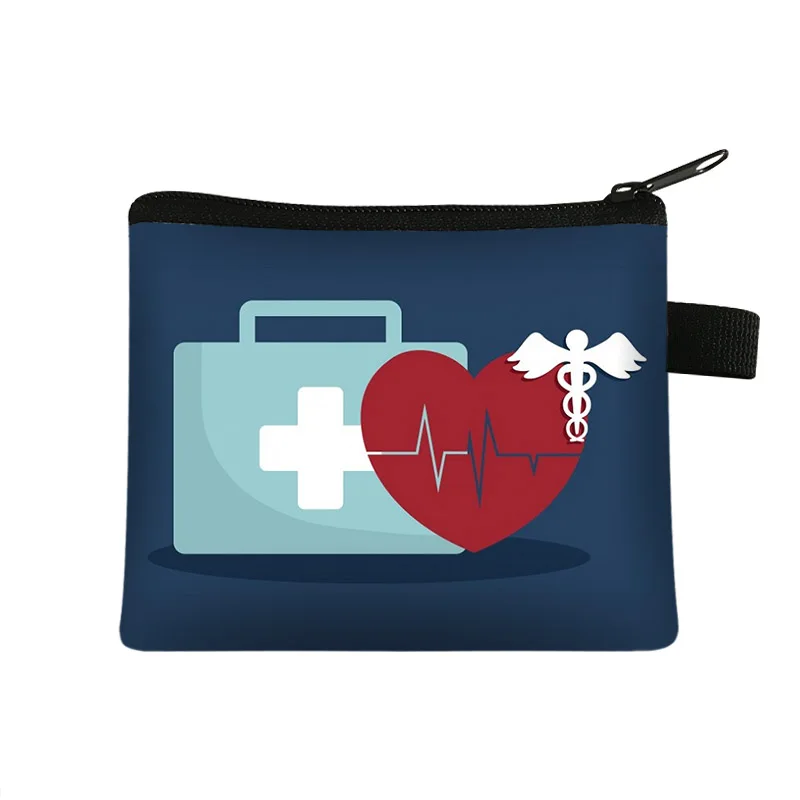 Cartoon ECG Dentist Nurse Print Wallet Thank You Doctor Coin Purse Women Mini Card Holder Purse Casual Portable Gift