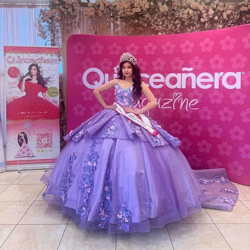 

Бальное платье лаванды на заказ, платья для Quinceanera для девушек, одежда Золушки, 3D цветы, искусственные цветы, платья Xv лет