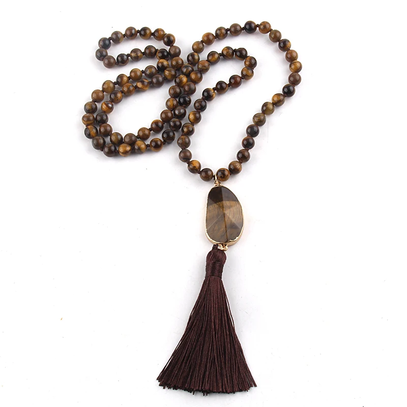 RH Fashion Bohemian Jewelry Accessory Natural Stones Knotted Moon Stone Tassel 108 beads Yoga Mala Necklaces Women Gift Dropship