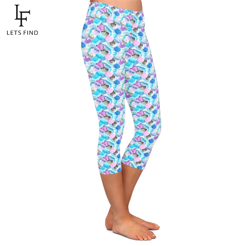Summer Fashion Women Capri Leggings Colorful Fish Scales Printed High Waist Elastic Mid-Calf Leggings
