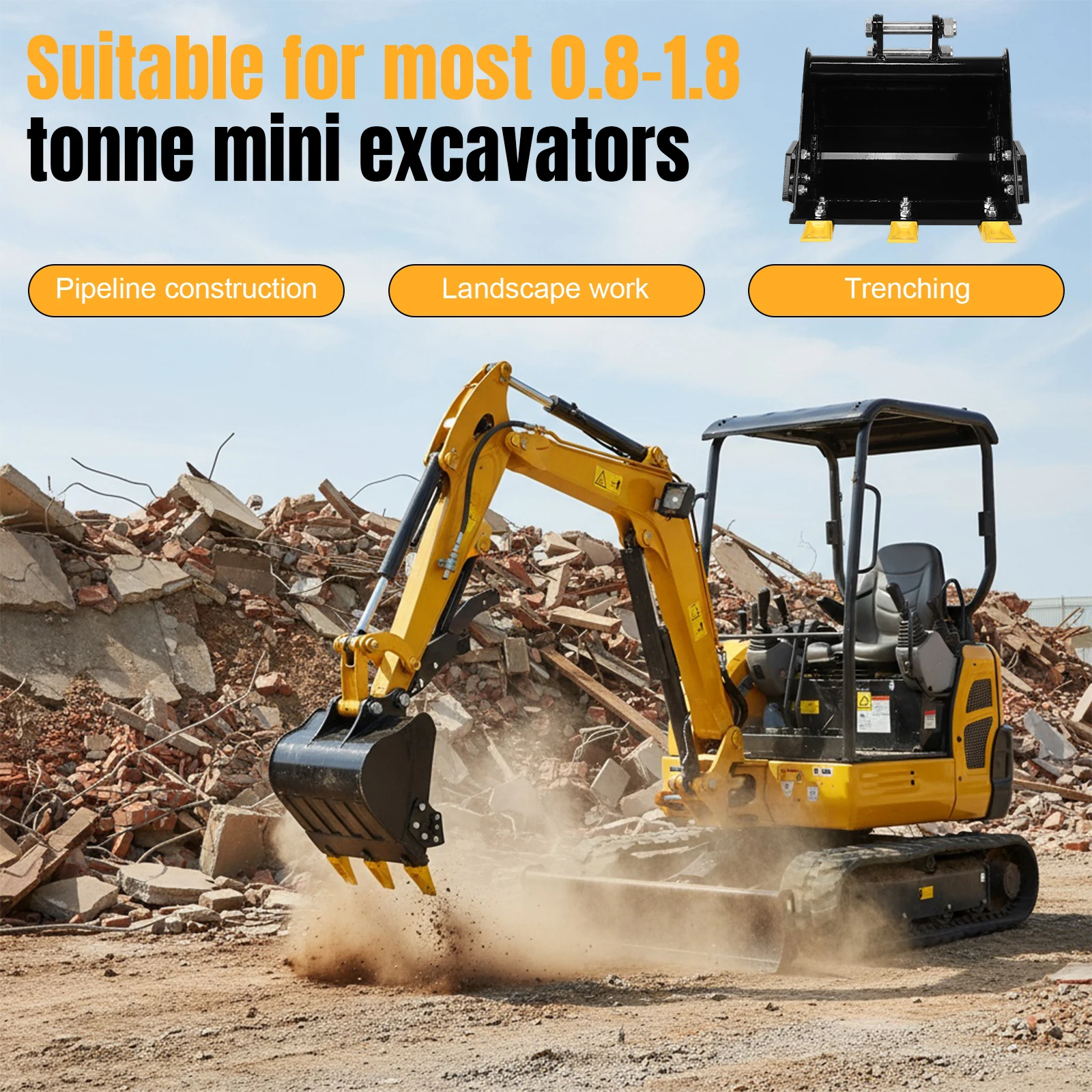 15.75in/400mm Heavy Excavator Attachment 0.98in Hole Mini Trench Bucket 3.46in Center Wheelbase Compatible with 0.8-1.8T Diggers