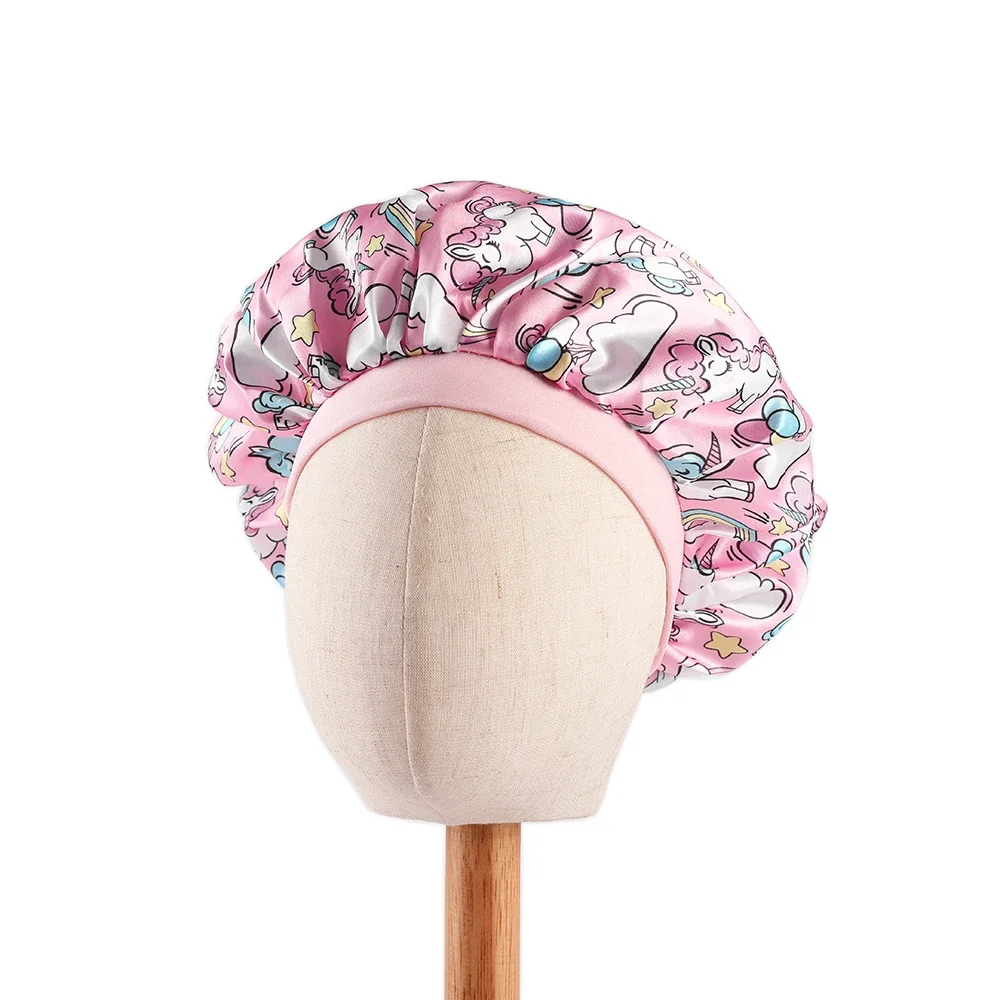Neue Baby Einhorn Cartoon Print Satin Nacht Schlaf Kappe Elastische Breite Band Motorhaube Haar Abdeckung Hut Beanie Salon Bad Spa Dusche Kappen – Detail 8