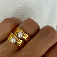 Uworld 18K Gold PVD Plated 316L Stainless Steel Rings Finger Chunky Wedding statement Jewelry Shell Freshwater Pearl Zircon Ring - Image 3