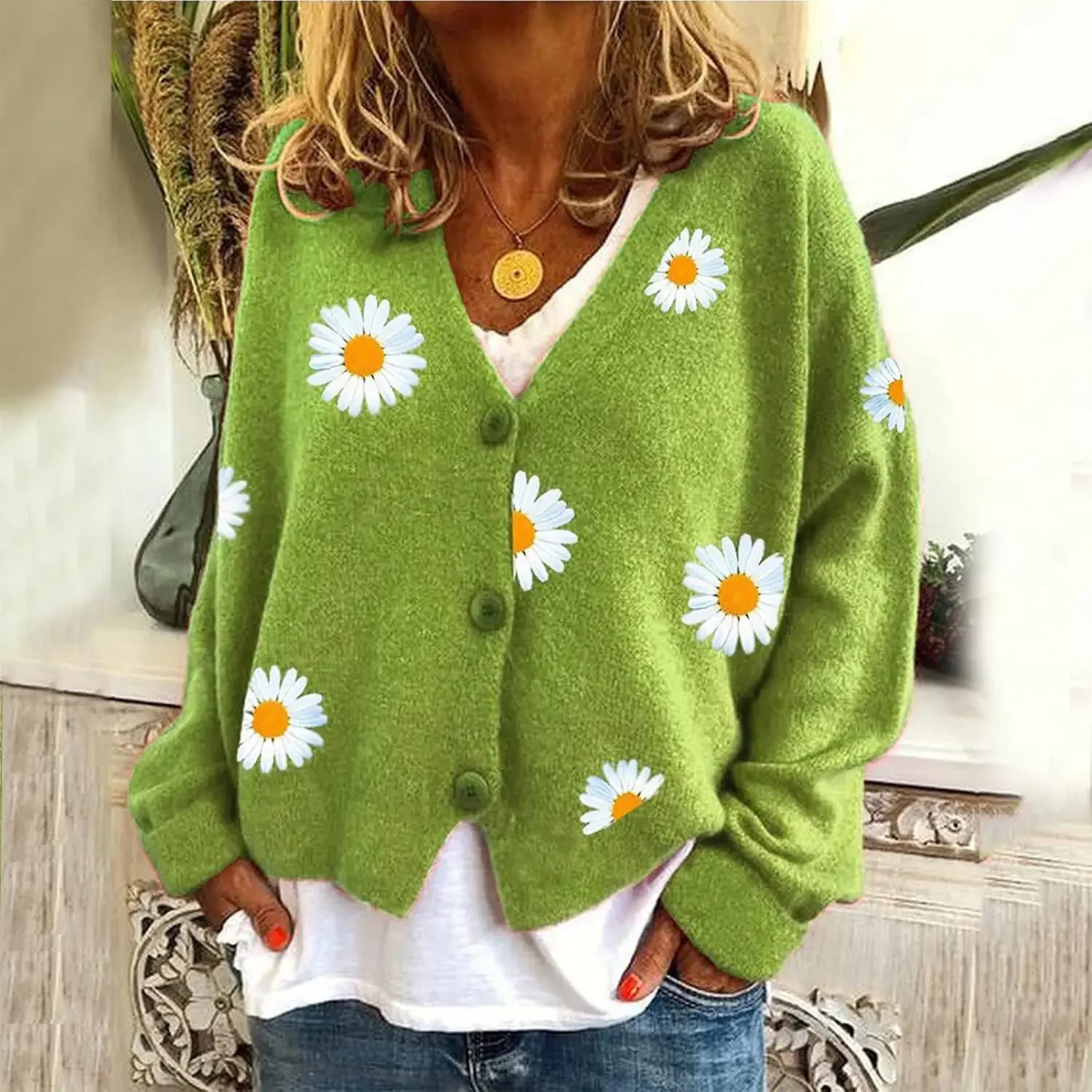 Women's Floral Print Long Sleeve V-Neck Sweaters Button Down Ribbed Cuffs Knit Cropped Cardigan Sweater 2