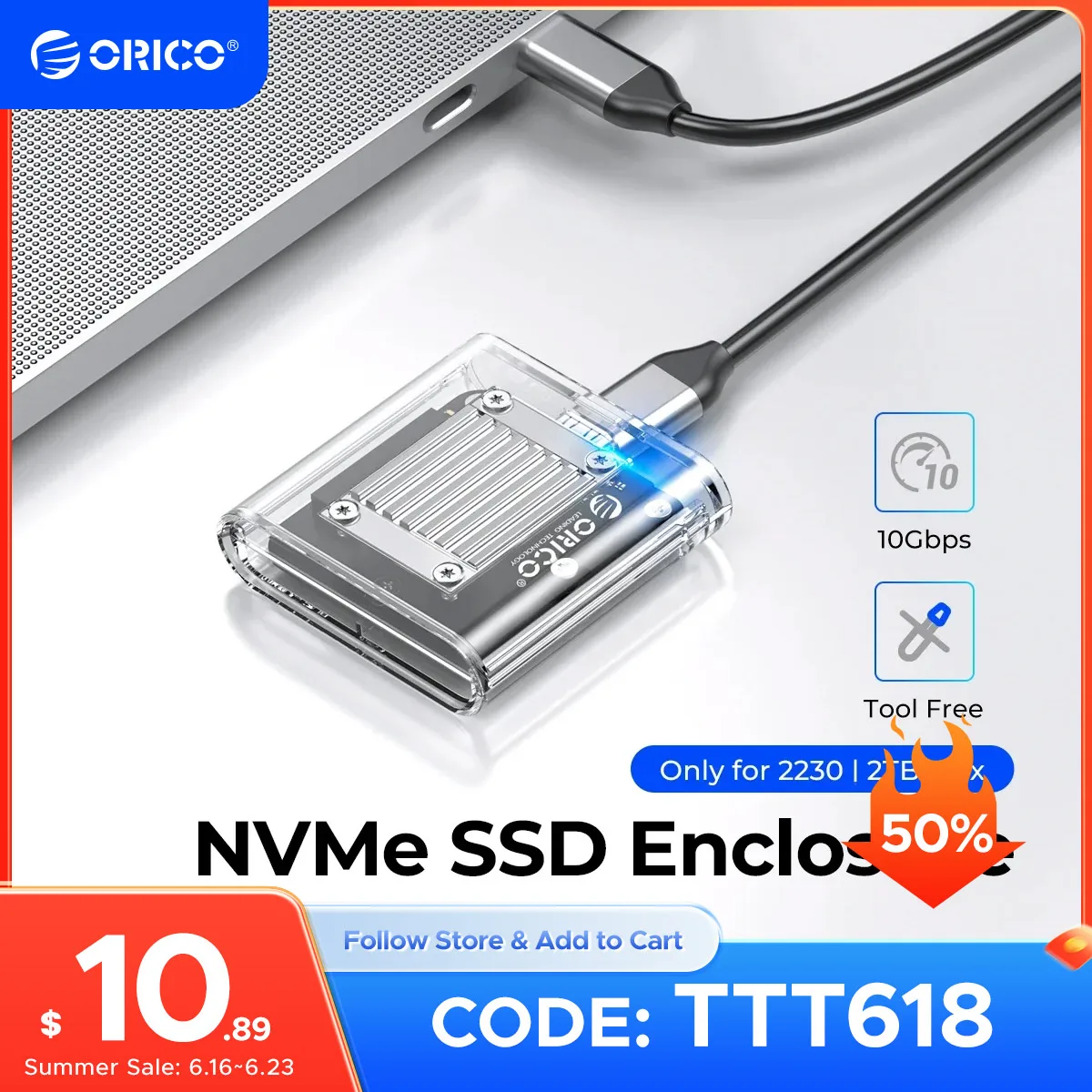 Orico-gabinete Nvme para Ssd Pcie M.2 para Usb tipo c Adaptador Externo Transparente Mini 2230 M.2 10gbps