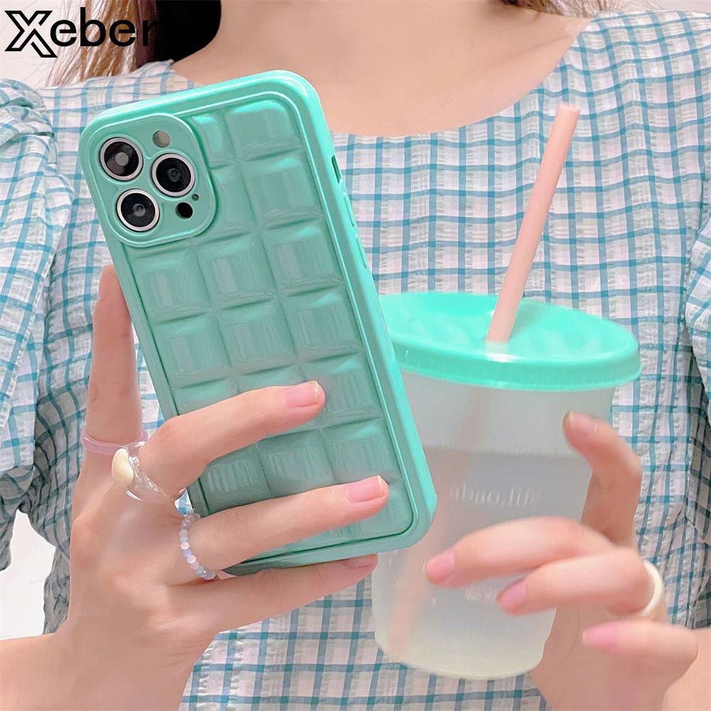 cute iphone 13 mini case 3D Square Grid Lattice Phone Case For iPhone 13 Pro Max 12 11 XR X XS Max Solid Color Camera Lens Protection Shockproof Cover iphone 13 mini mobile phone cases