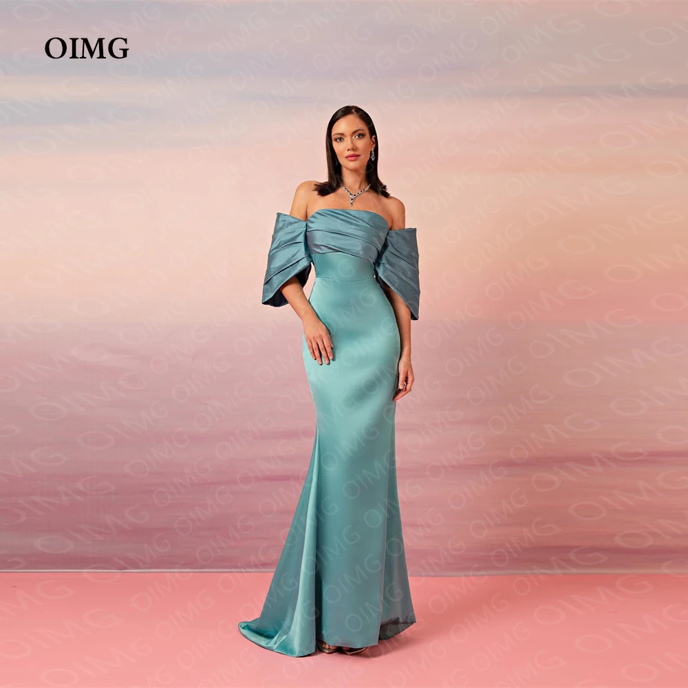 

OIMG Off the Shoulder Light Green Satin Prom Party Dresses Short Sleeves Floor Length Evening Party Dress Cocktail Gown Formal