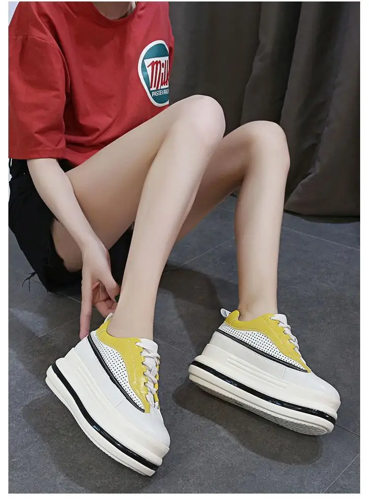 7cm Leather Hollow Platform Wedge Sneakers - true deals club