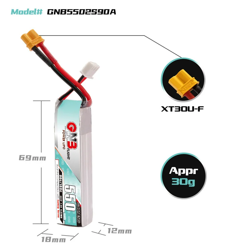 GNB 2S 7.4V 550mah 90C/180C HV LiPo Battery XT30U-F Plug for TINY8X Blade Inductrix FPV QX2 120S Beta75S Beta FPV Drone 5PCS Rc Drone Battery