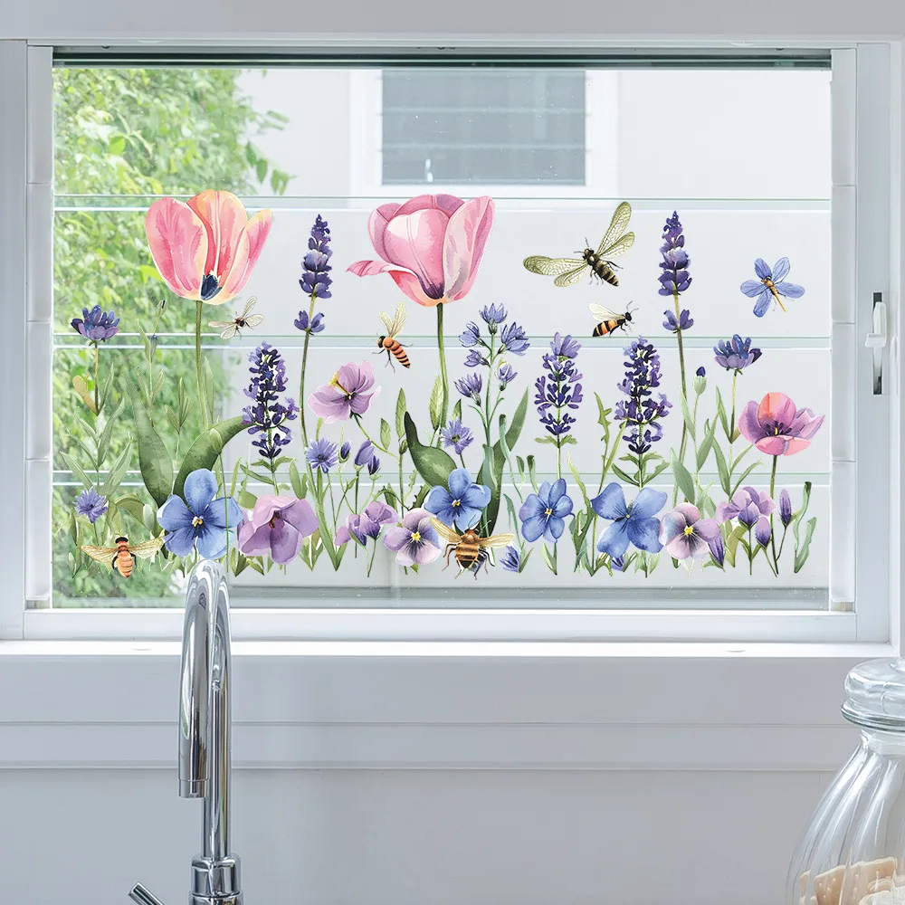 Window Stickers Spring Flowers Window Stickers Glass Static Sticker Bedroom Living Room Decor Art Decals Kids Girl's Room Decoration Mural