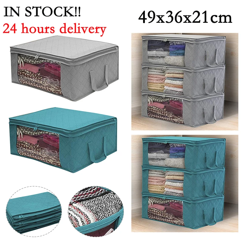 Clothing storage box organizer clothes Storage Bag Clear Window Zipper Non Woven Fabric Clothes Organizer Basket With Handles 2
