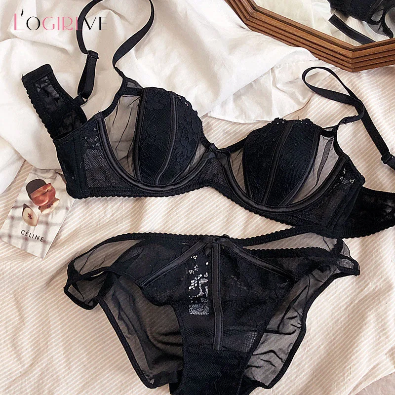 Logirlve New French Lingerie Summer Ultra Thin Lace Sexy Push Up Bra Set Ladies Bra Deep V High Quality Lace Women Lingerie Set