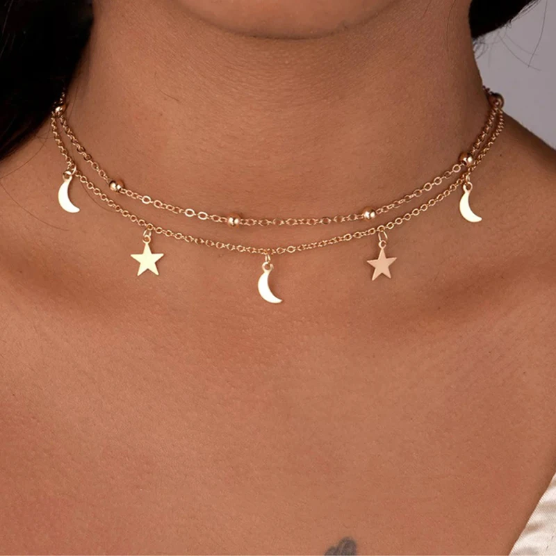 Dainty Simple Gold Color Moon Star Necklace Double Layer Beads Tassel Clavicle Chain Choker for Women Romantic Boho Jewelry Gift