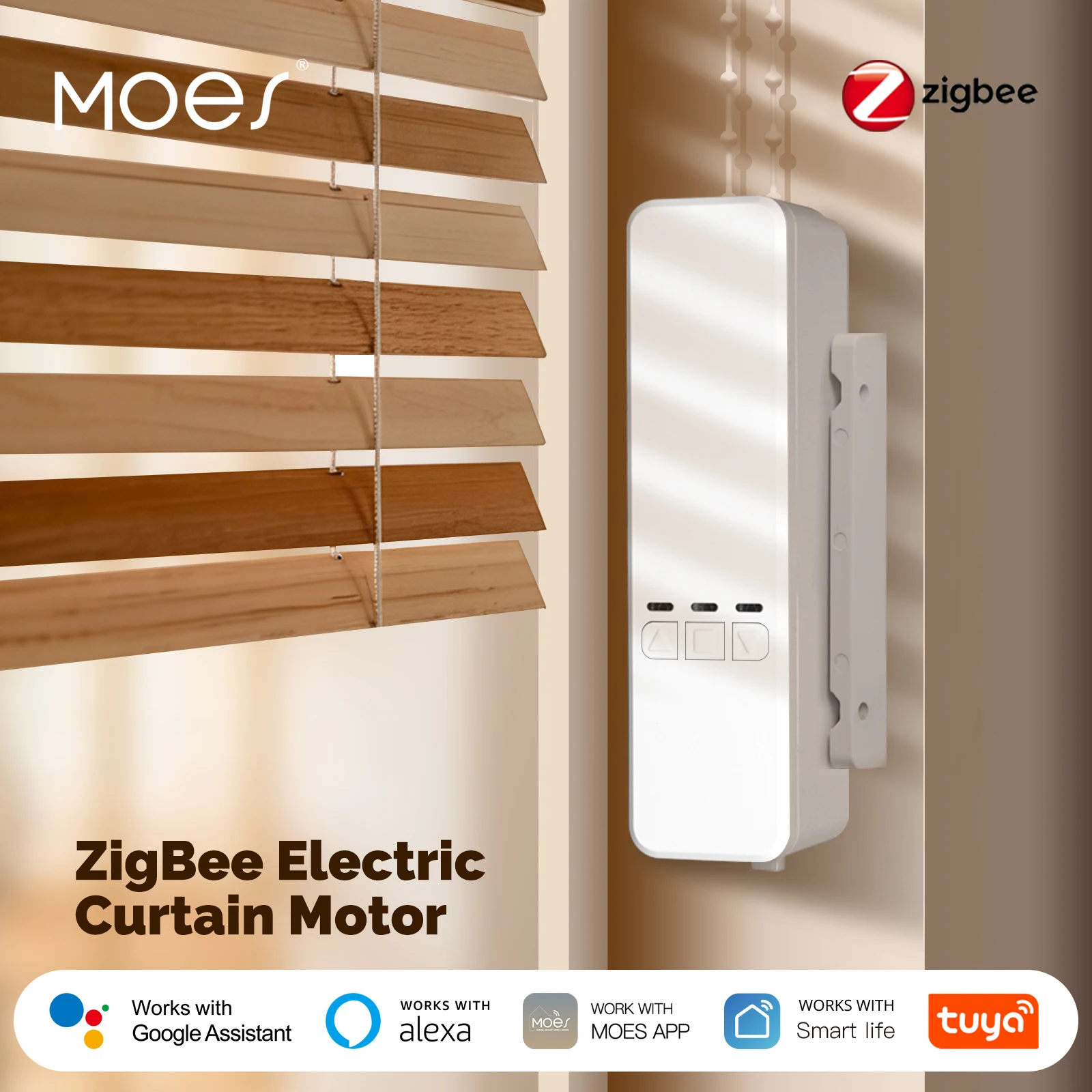 MOES Tuya Zigbee Chain Roller Blinds สมาร์ทไฟฟ้าผ้าม่าน Shade ไดรฟ์มอเตอร์แบตเตอรี่ลิเธียม App ควบคุม Alexa GoogleHome 1