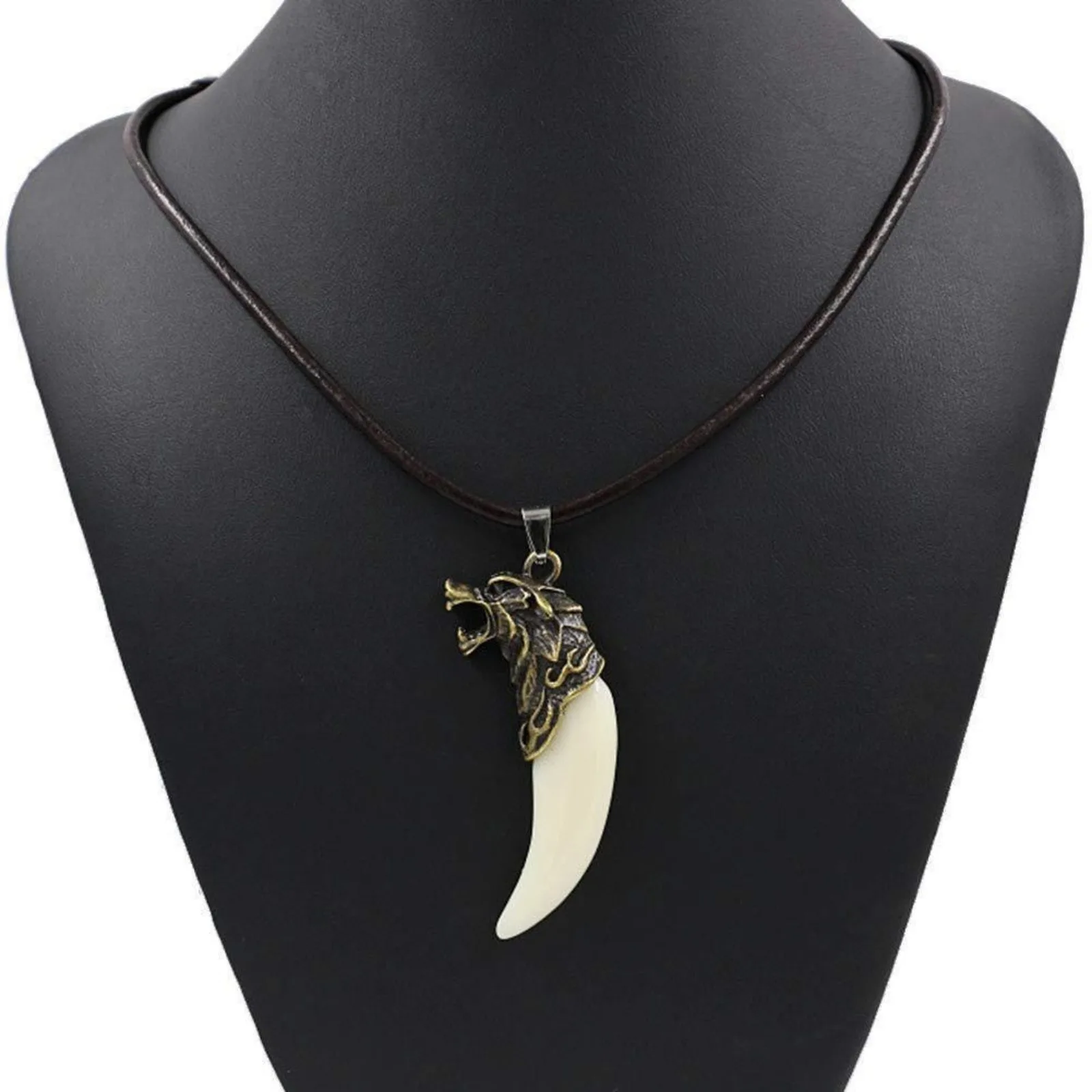 Men Antique Tribal Carved Wolf Fang Tooth Pendant Faux Leather Rope Necklace