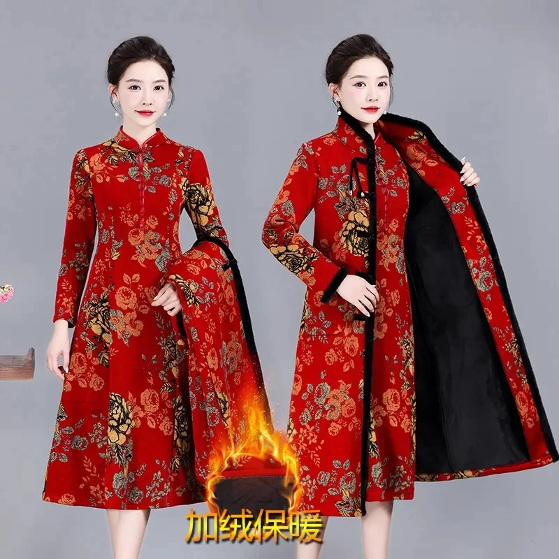 2023 Autumn Winter Wear Plush Thickened Warm Windbreaker Coat for Middle aged Mom Chinese Style Standing Collar Long Cotton Coat