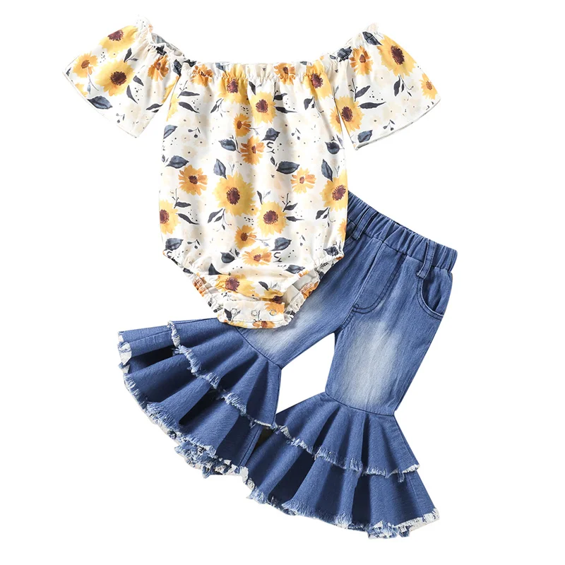 

Summer Baby Girls Clothing Sets Floral Printing Off Shoulder Romper Tops Elastic Waist Jeans Flared Pants Casual Fashion Outfits