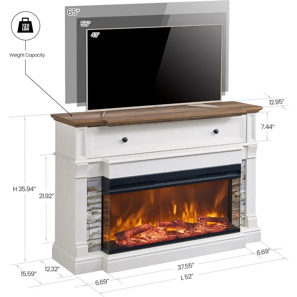 52" Electric Fireplace with Mantel, Freestanding Fireplace Heater TV Stand with 36" 3-Side Glass Insert for TVs Up to 65" 5