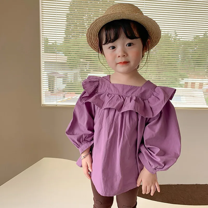 여아용 스퀘어넥 긴팔 셔츠, 풀오버 퍼프 소매, 피부 친화적이고 통기성 좋은 기..