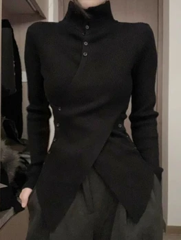 Oversize Irregular Slim Fit Bottoming Sweaters Simple Black Turtleneck Knitted Tops Women 2026 Autumn New Long Sleeve Cardigan 1