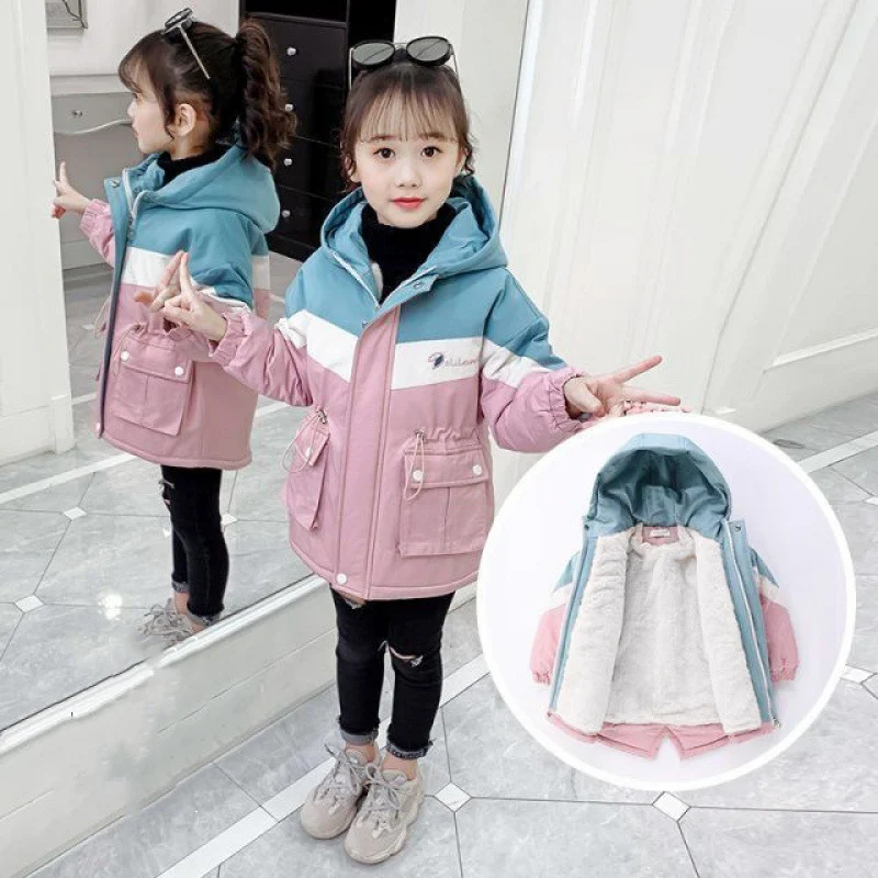 

Girls Fur Coat Jacket Cotton Outwear Overcoat 2022 Luxury Warm Thicken Plus Velvet Winter Autumn School Gift Children's Clothing