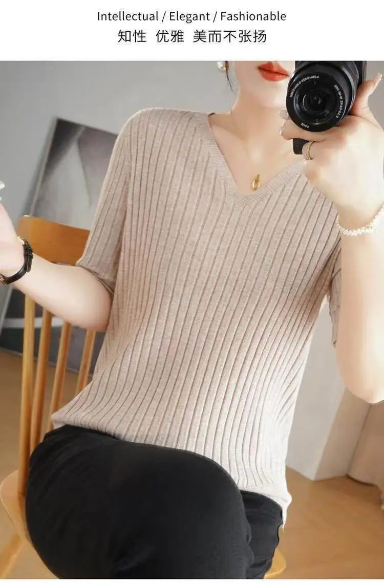 Summer New Loose Women's Wool Knitted V-ne ort Sve T-irt Spring Autumn Base irt Top Comfortable Breathable