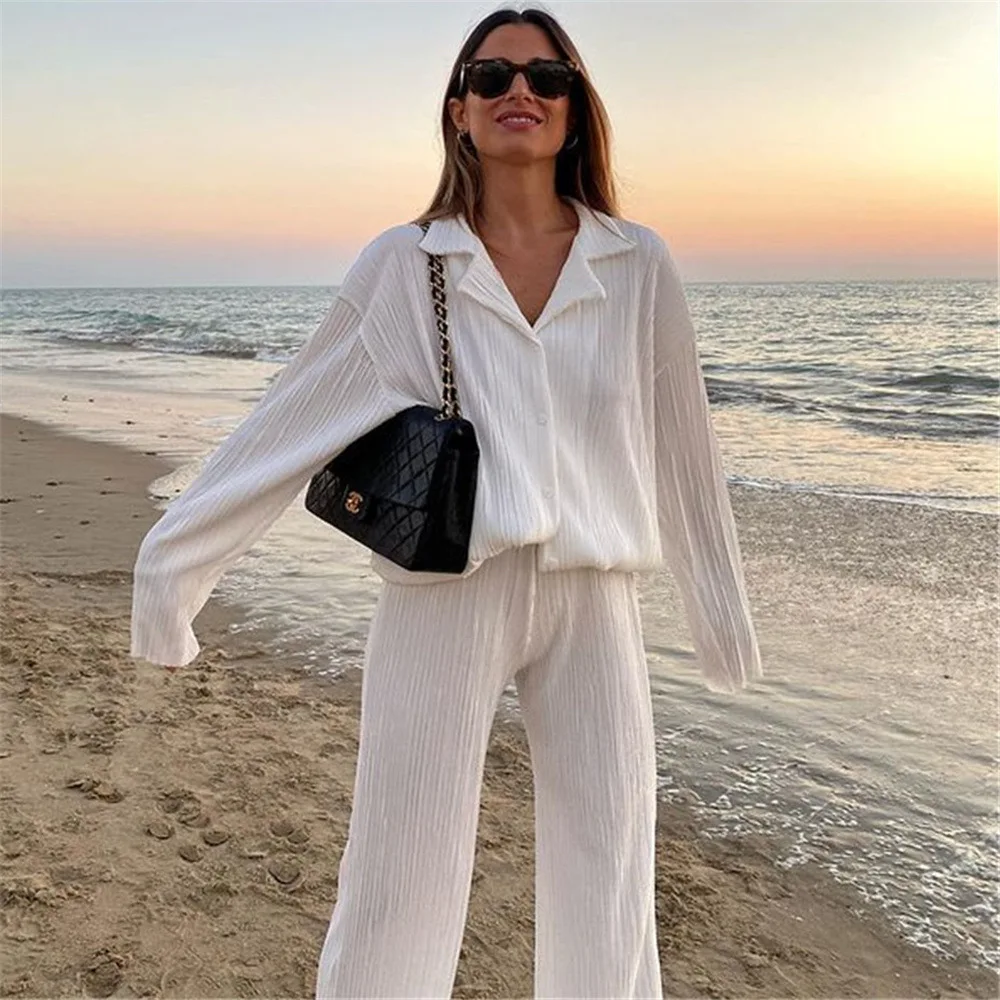 

Street Women's Set Long Sleeve Shirt Tops and Wide Leg Pants Elegant Tracksuit Two Piece Set Sweatsuit Fitness Outfits
