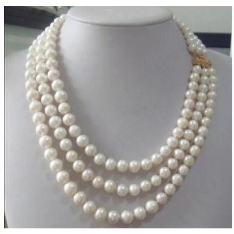 

triple strandsAAA 8-9mm Real Australian south sea white pearl nelace 17-19"14KGP