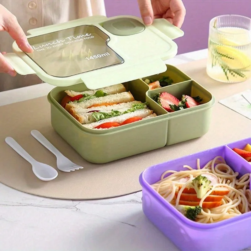 Portable Microwave Safe Bento Box with Fork and Spoon Leak-Proof Square Divider Food Storage Container for Office Lunch Picnic