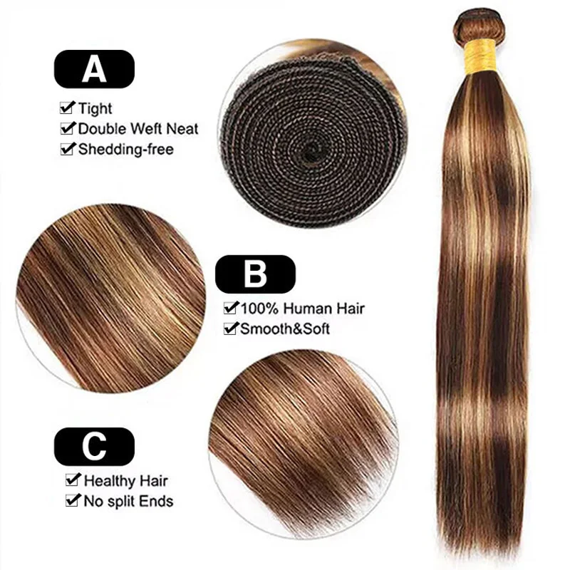 3/4PC Highlight Straight Human Hair Bundles Double Weft Hair Extensions P427 Piano Color 65g/PC Raw Indian 12A Grade