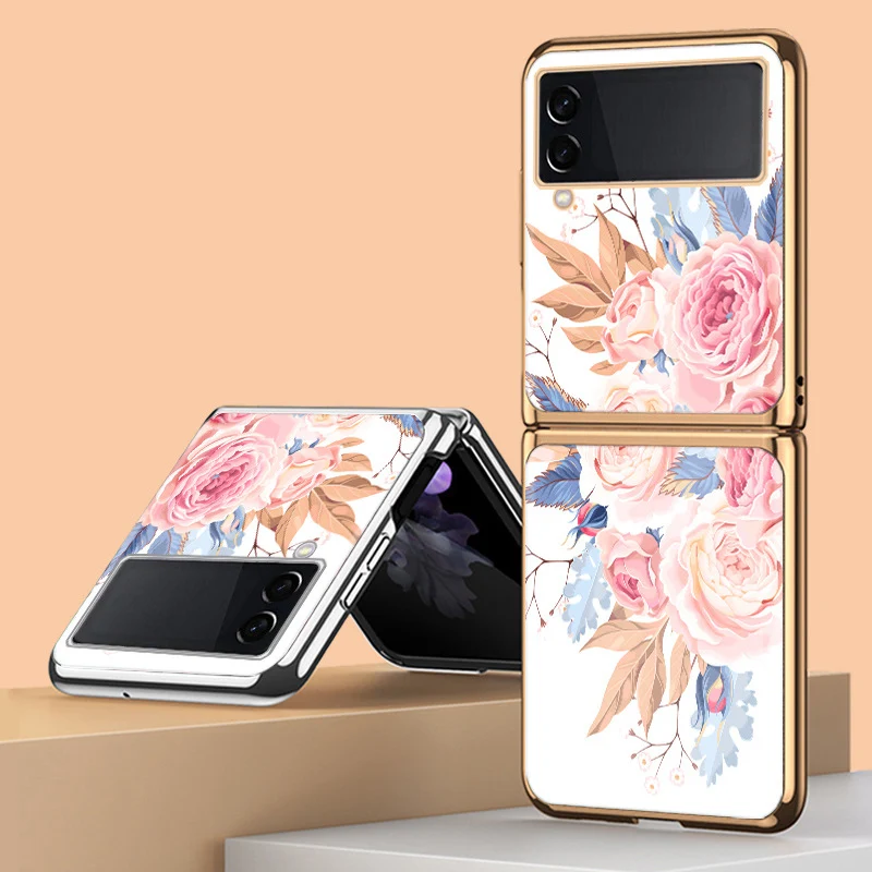 

Z Flip 4 Funda Case for Samsung Galaxy Z Flip 4 3 2 1 Flower Group Plating Tempered Glass Coque Protection Phone Case Cover