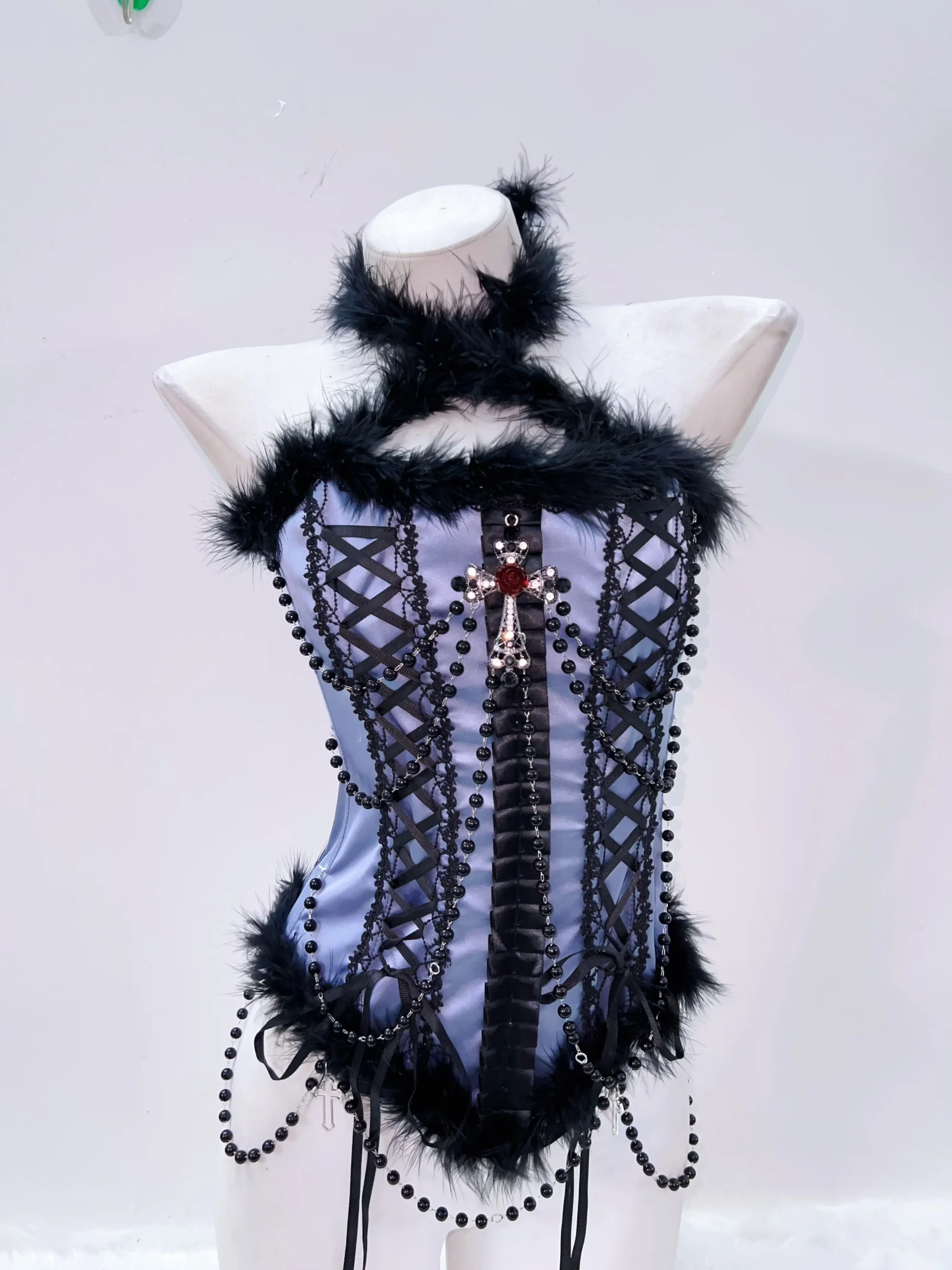 Feather Trim Faux Pearl Bustier Top 2