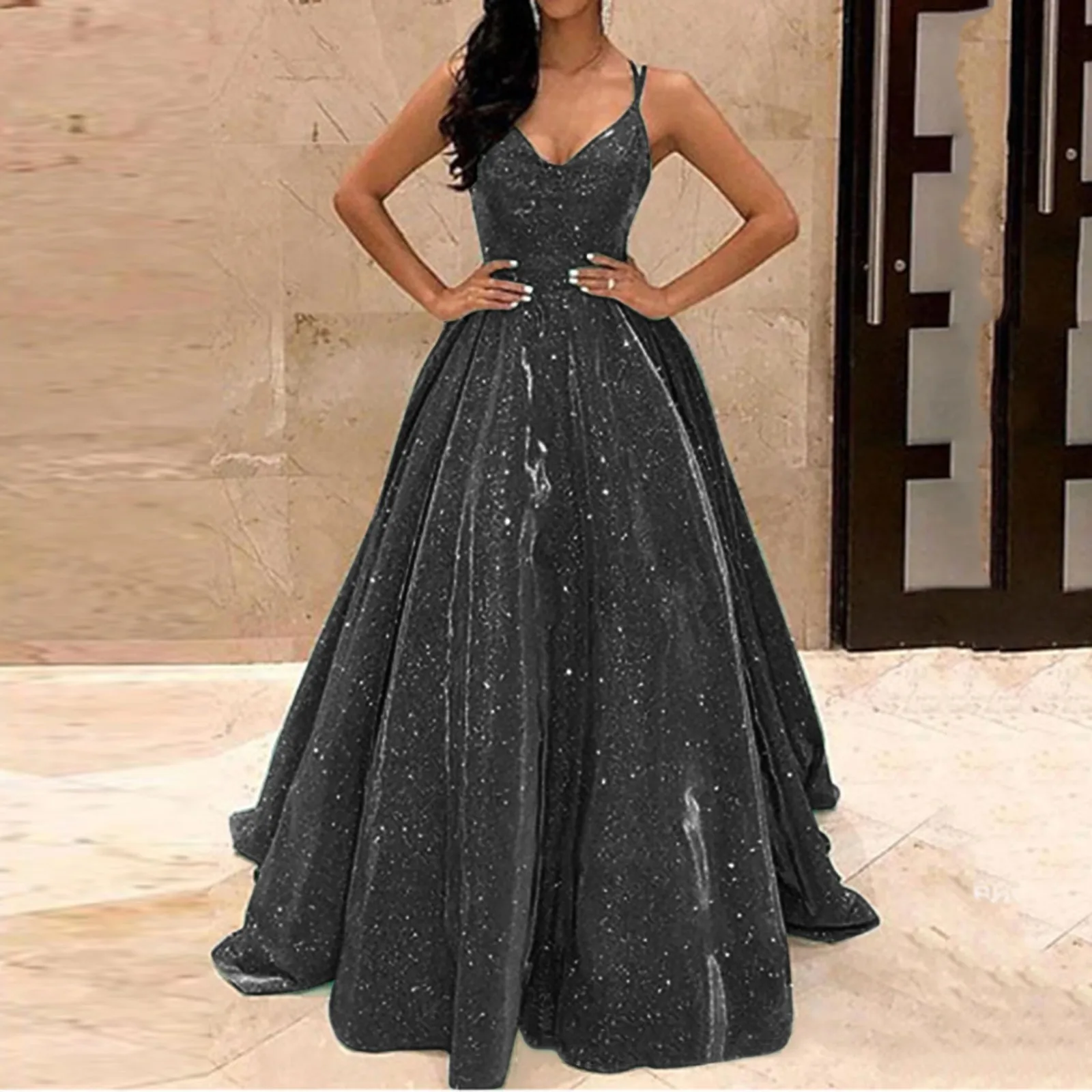 

Women Shiny Evening Dress Elegant Spaghetti Strap Floor-Length Pleated Swing Dress Summer Crisscross Backless Ceremonial Gown