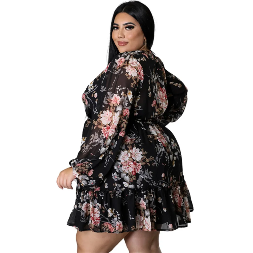 Wmstar Dresses Women Plus Size 5xl Sexy Party Flower Print Mini Dress Loose Elegant Casual Outfits 2022 Wholesale Dropshipping