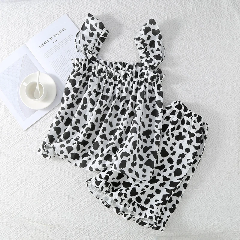 Women's Cow Patterned Suspender Tops Shorts Two Piece Pajamas Set Korean Summer New Square Neck Loose Casual Thin Home Sleepwear