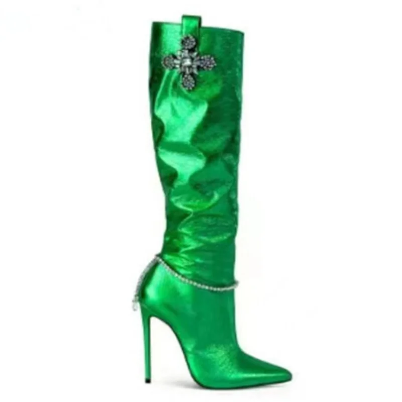 

2023 European and American New Pointed Thin High Heel Rhinestone Chain Show Large Knee Length Zipper Sexy Women's Boots