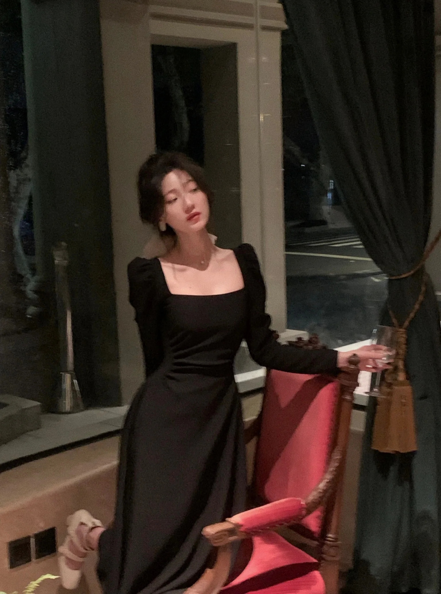 Spring New Elegant Square Collar Midi Party Dresses for Women Long Sleeve Black White Slim Vestidos Female High Waist Clothes