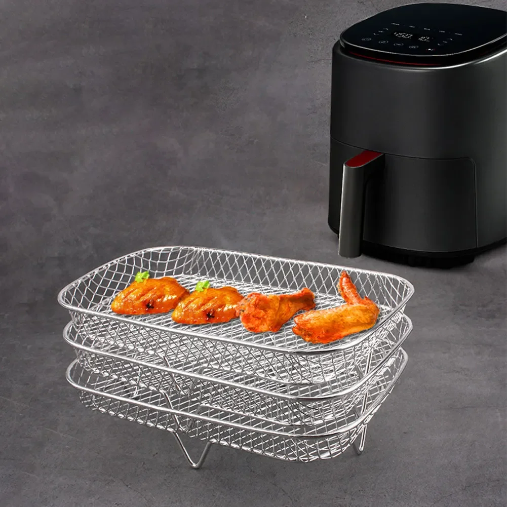 3 Layers Air Fryer Rack Stackable Grilling Rack Stainless Steel Mesh Grill Basket Steamer Cooker Kitchen Gadgets Cooking Tools