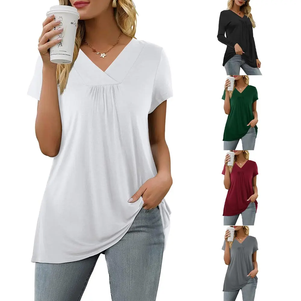 Damen Elegant Loose Fit Kurzarm Frühling T-Shirt V-Ausschnitt Casual Loose Basic Tunika Top Sommer Baumwollmischung Bluse Free87_voghion.com