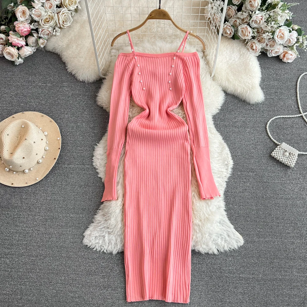 

Women Chic Elegant Slash Neck Hollow Out Off Shoulder Long Sleeve Slip Dress Sexy Fashion Knit Elastic Slim Hip Wrap Dress