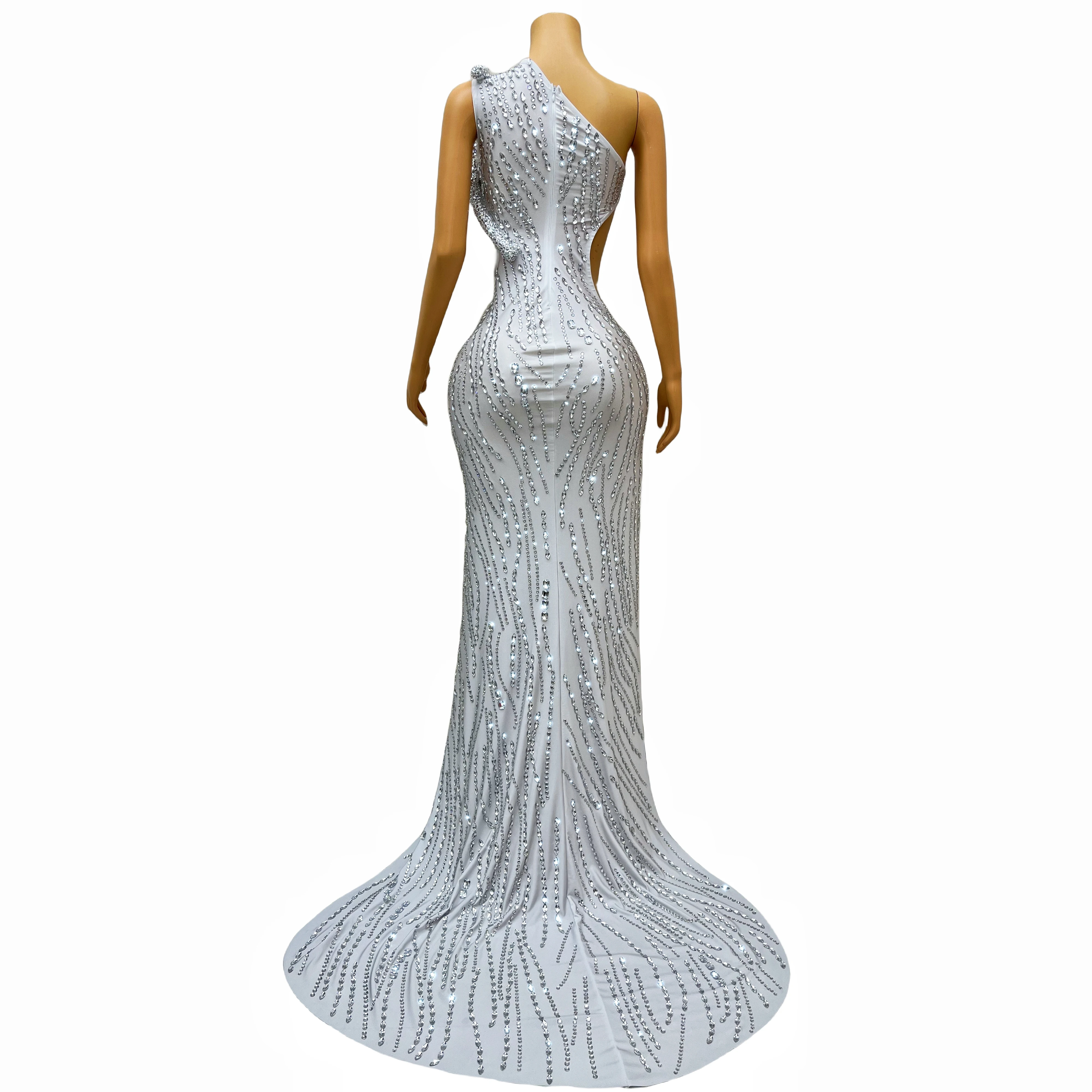 Luxury Silver Sparkly Rhinestones Split Long Train Dress Wedding Evening Birthday Celebrate Sexy Big Tail Dresses siluo